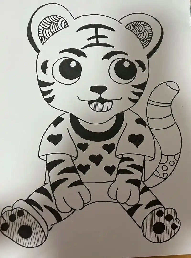 绘画 #线描画 小老虎 - 抖音