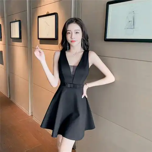 实拍性感露背深v低胸大摆无袖连衣裙夜店工作服