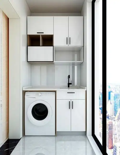 三居室现代简约阳台装修实景图片欣赏-现代风格阳台洗衣机与洗手盆台