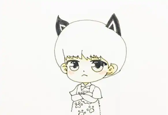 5,最后将头发涂棕,衣服用黑色和红色上色,再画出生气的图案,一个q版的