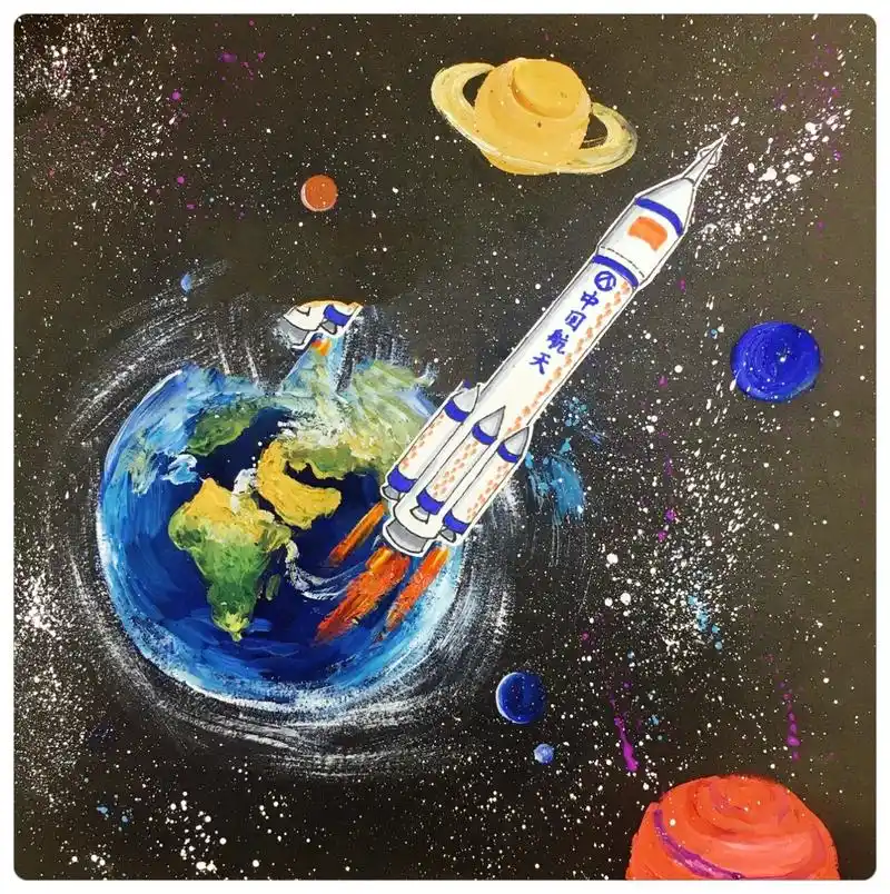 少儿美术水粉画神州飞船宇宙飞船 祝贺神州载人航天飞天成功!
