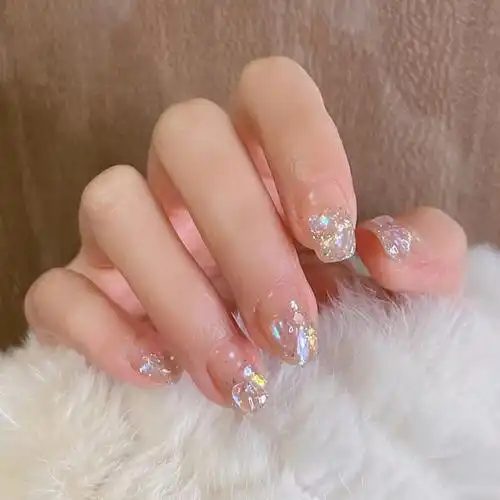 新品网红短款方圆可爱学生粉色美甲贴片 珍珠小熊镶钻穿戴甲成品