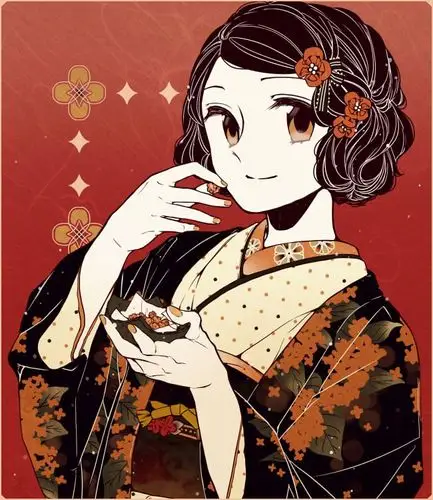 日系 少女 动漫 清新 可爱 插画 和风 红色 花濑