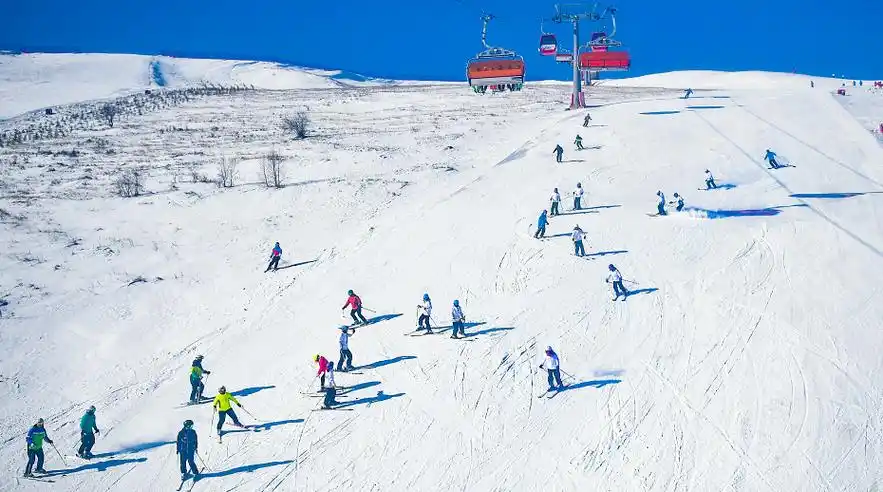 在张家口市崇礼区云顶滑雪场,游人在阳光下体验滑雪乐趣.邓伟 摄