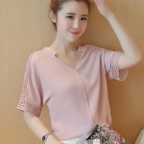 衬衣短袖 夏季雪纺衫上衣女装短袖 雪纺白衬衫