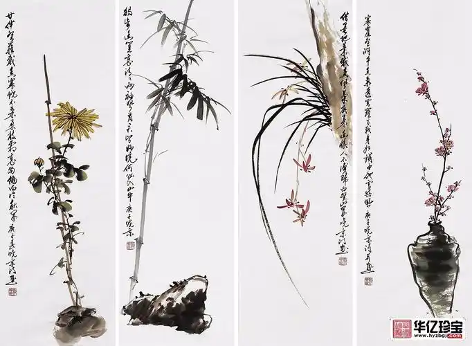 实力派画家郑晓京写意花鸟画梅兰竹菊四条屏