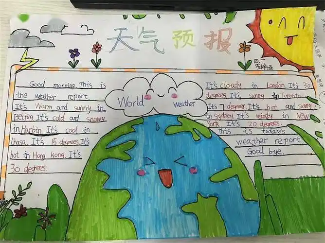 三殿中心小学四年级举办了英语手抄报设计活动,此次活动以天气为主题