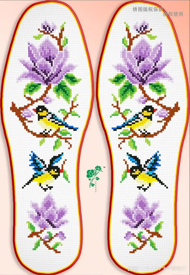 六色春鸟,七彩玉兰,十字绣鞋垫图样欣赏