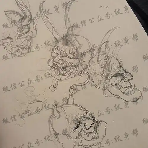 手稿素描般若面具纹身图案