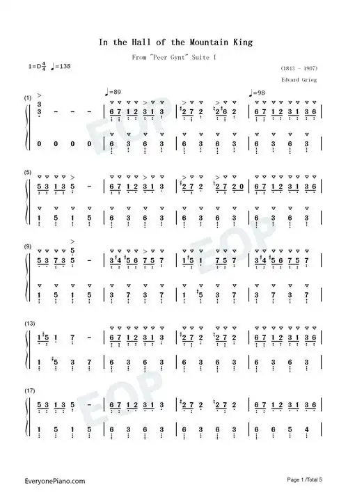 in the hall of the mountain king-培尔金特-edvard grieg双手简谱