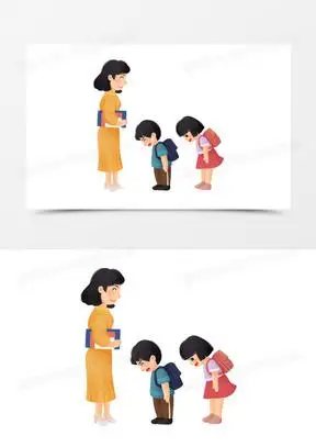 手绘插画风学生跟老师鞠躬问好免抠元素