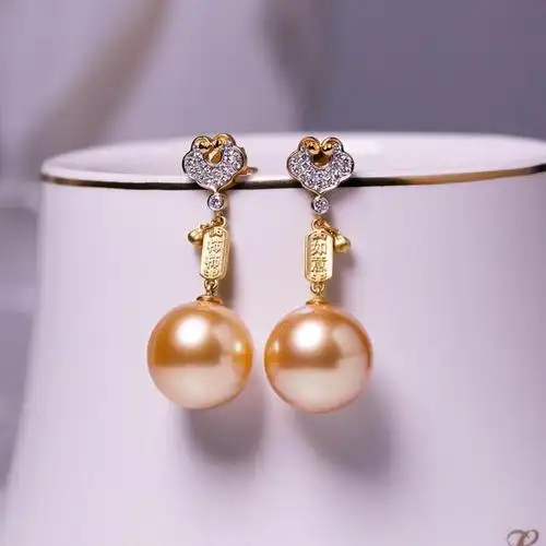 南洋金珠耳坠事事如意天然大南洋金珍珠复古耳钉耳坠耳环钻石