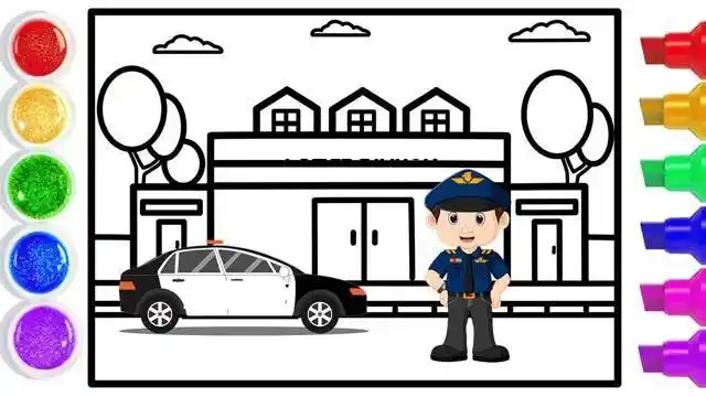 儿童简笔画,金粉警察局警车画画卡通,警察局卡通扁平化警局图标卡通