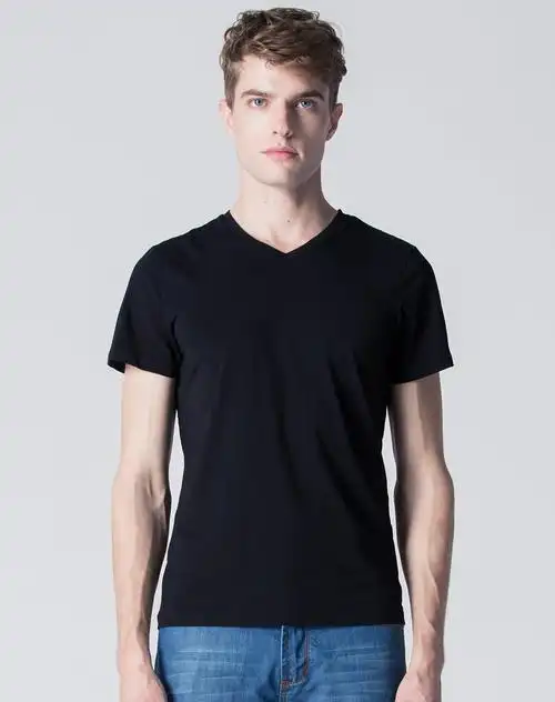 黑色v领弹力短袖t恤