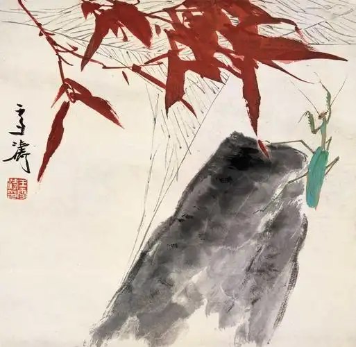 王雪涛竹石螳螂立轴