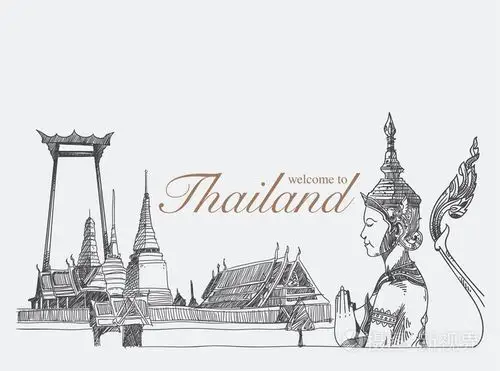 在泰国手绘地标素描矢量