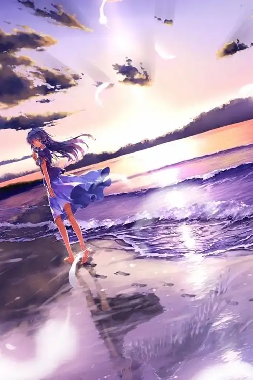 赤脚的动漫女孩漫步在海滩上