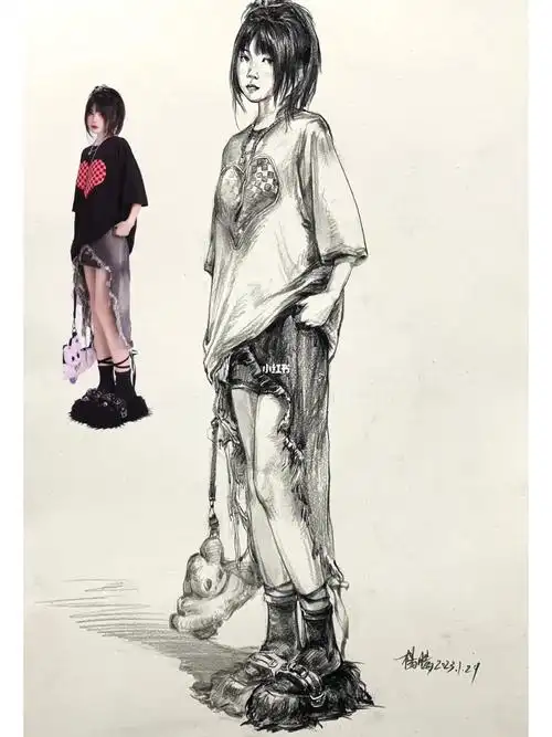 人物速写场景速写单体素材女青年站姿