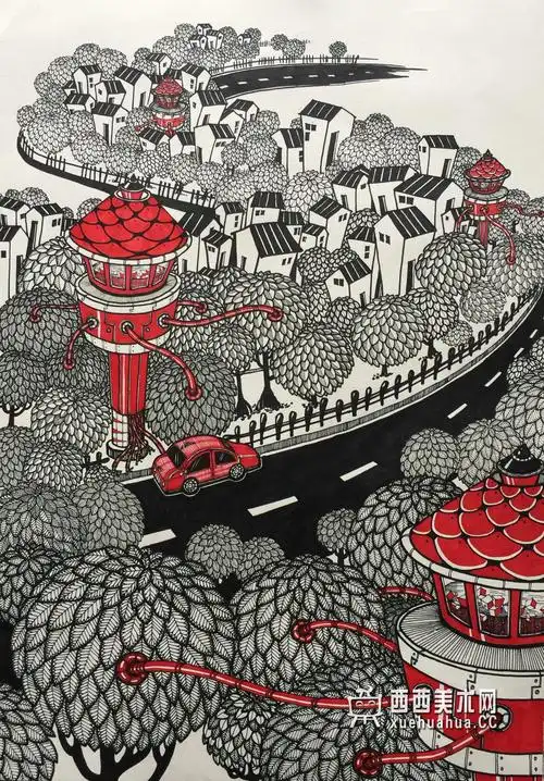 一等奖中学生获奖科幻画生物能源提取塔