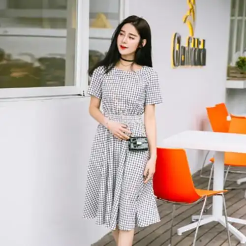 2017新款韩版学生复古中长款格子裙子女夏季收腰显瘦圆领连衣裙女