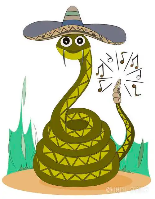 一条绿响尾蛇坐在沙上可爱的卡通人物