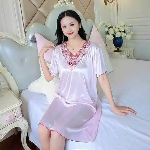 夏季冰丝睡裙女蕾丝仿真丝睡衣女夏丝绸性感短袖薄新款韩版家居服 v领