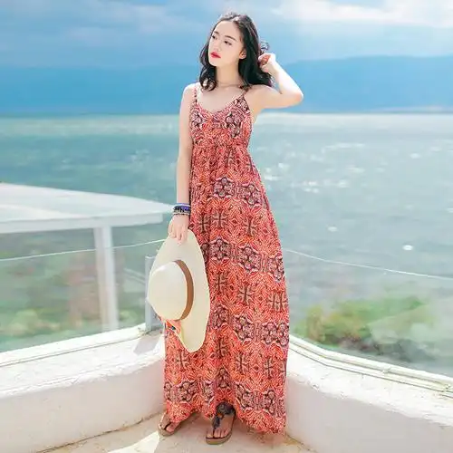 2019夏季新款女装泰国无袖吊带连衣裙波西米亚长裙海边度假沙滩裙