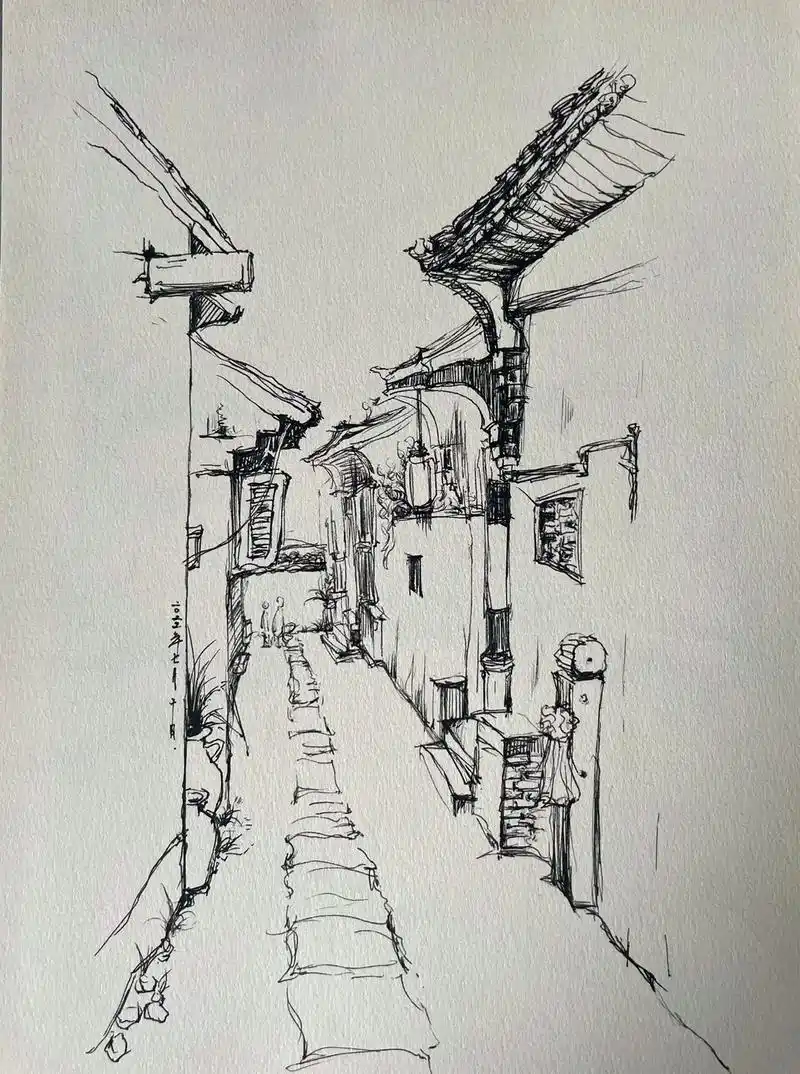 曾经三天打的鱼 #速写 #风景 #江南水乡美如画 - 抖音