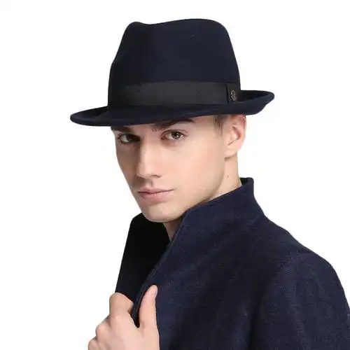 男式manhattan *蓝 fedora 帽子 柔软经典绅士帽 爵士帽