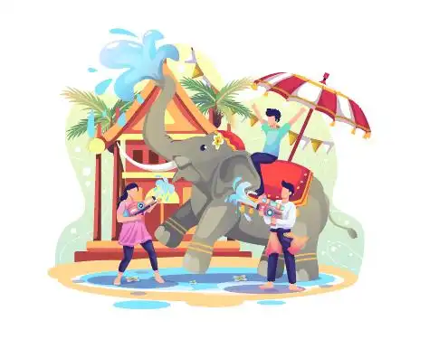 卡通傣族人物大象泼水节矢量素材