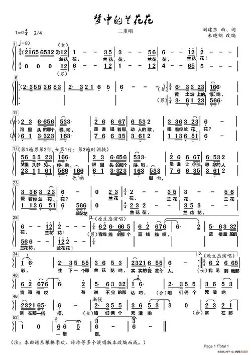 梦中的兰花花 二重唱 谱友园地 中国曲谱网塔里木简谱 民歌曲谱 中国