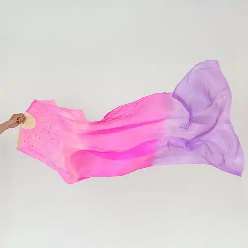 舞蹈秧歌扇子舞扇广场舞跳舞加长双面真丝长绸扇七彩儿童道具