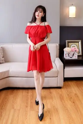 夏季清新一字肩小吊带性感减龄大码沙滩裙短裙出游裙一件代发女装