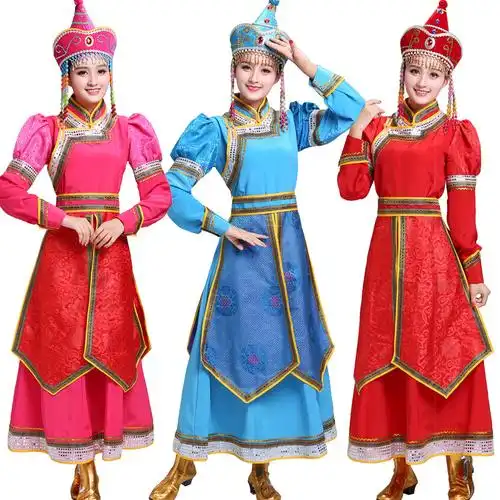 蒙古族舞蹈演出服装传统女士蒙古袍长款大裙摆表演服迎宾服红蓝粉