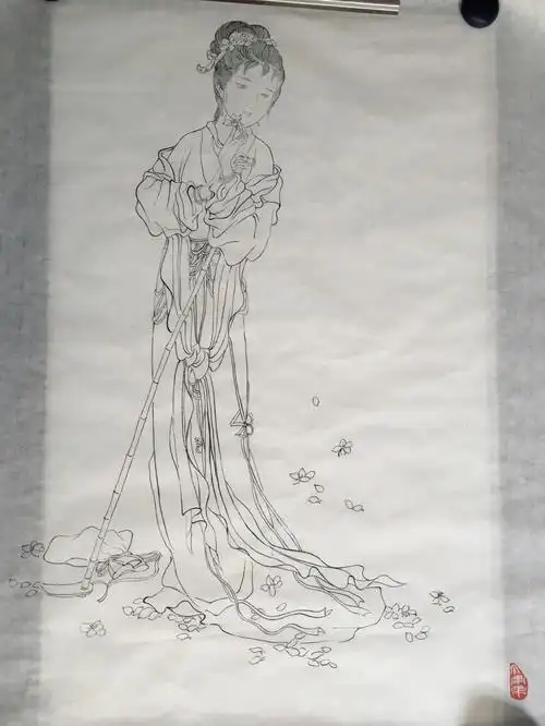 白描仕女图黛玉葬花