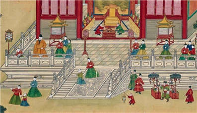 在《明宪宗元宵行乐图》中,大量宫人穿着纯色马面裙.