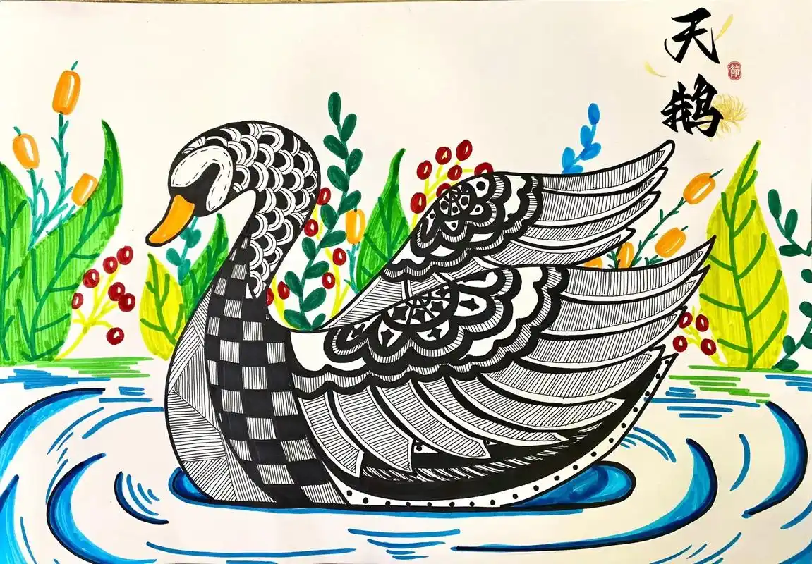 儿童画线描天鹅
