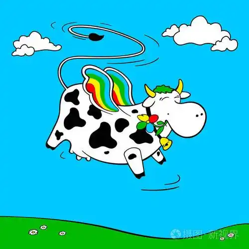 飞牛在天上飞矢量图彩虹颜色的牛
