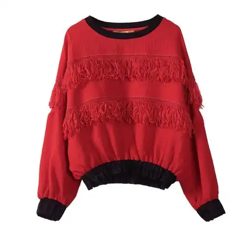 妖精的口袋 红磨坊舞会 秋装宽松流苏上衣镂空织带长袖套头卫衣