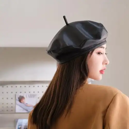 秋冬升级皮贝雷帽子黑色软皮贝雷帽女显脸小画家帽英伦复古pu皮帽