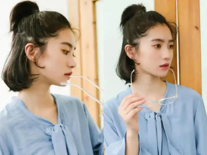 清纯的韩式短发半扎式丸子头,丸子头图片,发型图片
