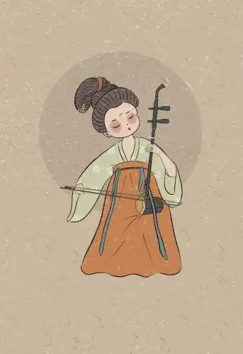 女孩在拉二胡,国风插画