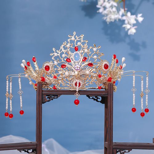 古风发冠【漪凝】汉服婚嫁头饰中式复古凤冠红色古装婚礼头冠配饰