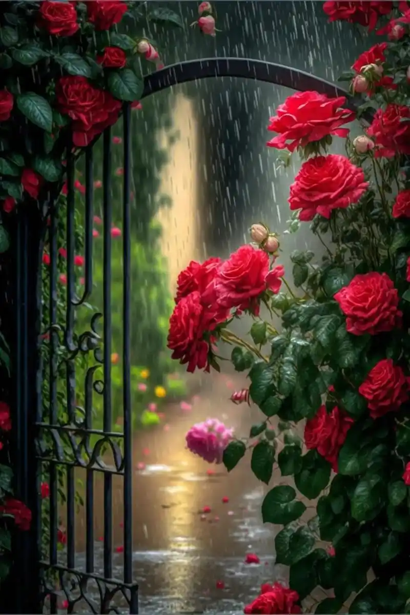 雨中,一大片玫瑰开的很灿烂.#ai绘画 #kk画廊 #图文伙 - 抖音
