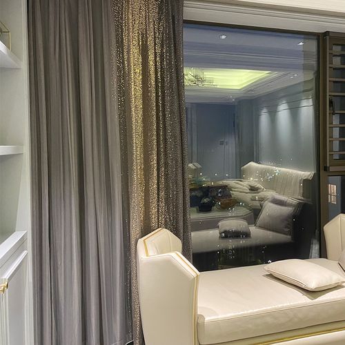 现代轻奢金色黄铜色渐变窗纱窗帘客厅隔断超高复式楼全遮灰色