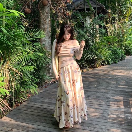 显瘦套装梨形身材穿搭杏色露肩长袖上衣t恤 杏色上衣 l(100-120斤)