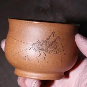 宜兴紫砂杯名家陈富才刻绘延年主人杯原矿黄金段泥老料制作收藏品_慢