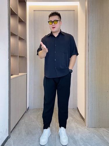 春秋季微胖显瘦穿搭轻熟风大码胖子男士长袖衬衣帅气潮牌套装衬衫