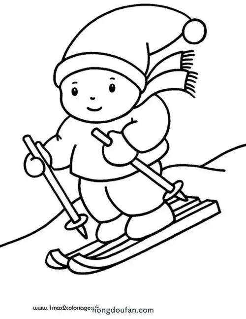 冬天滑雪橇的小朋友涂色简笔画大全