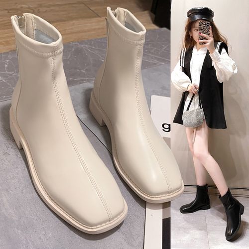 chic小短靴女秋季新款单靴软底英伦风白色短筒马丁靴方头切尔西靴